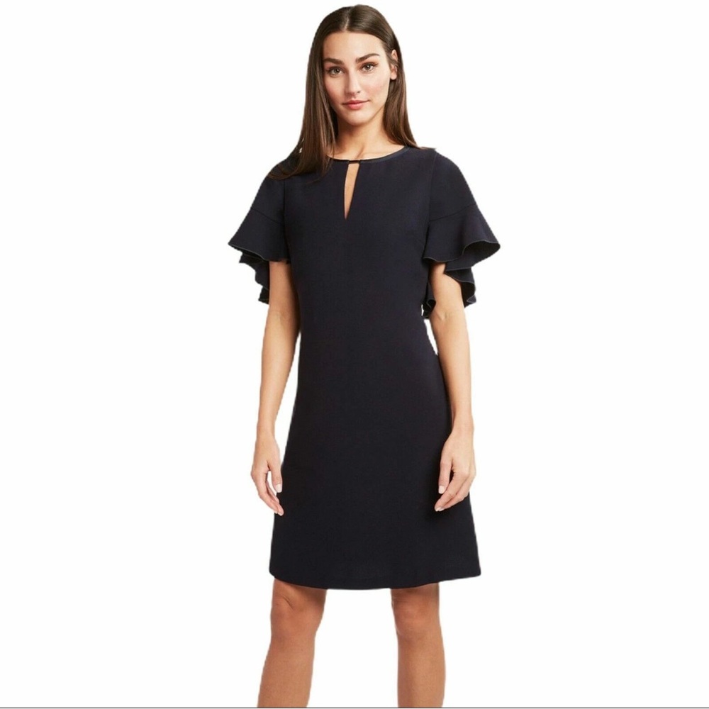 TAHARI Navy Flutter Sleeve MIDI Dress w/Cutout Details Sz 14